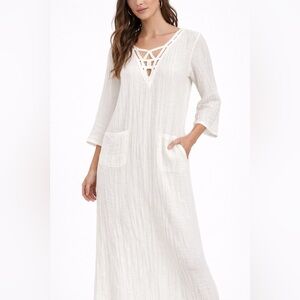Leon Max Limited Edition White Gauze Maxi Dress Crochet Lace V-Neck Small NWT